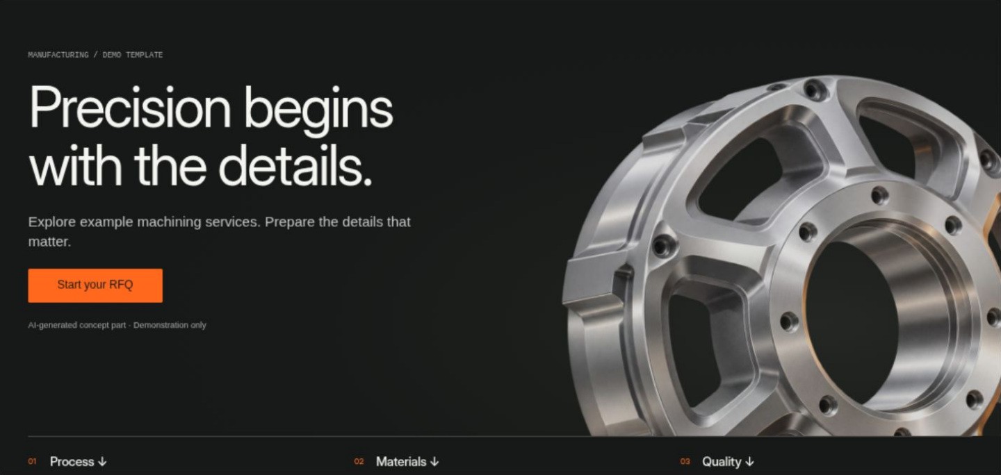 Actual ForgeRFQ template Home screenshot with graphite typography and a conceptual machined component.