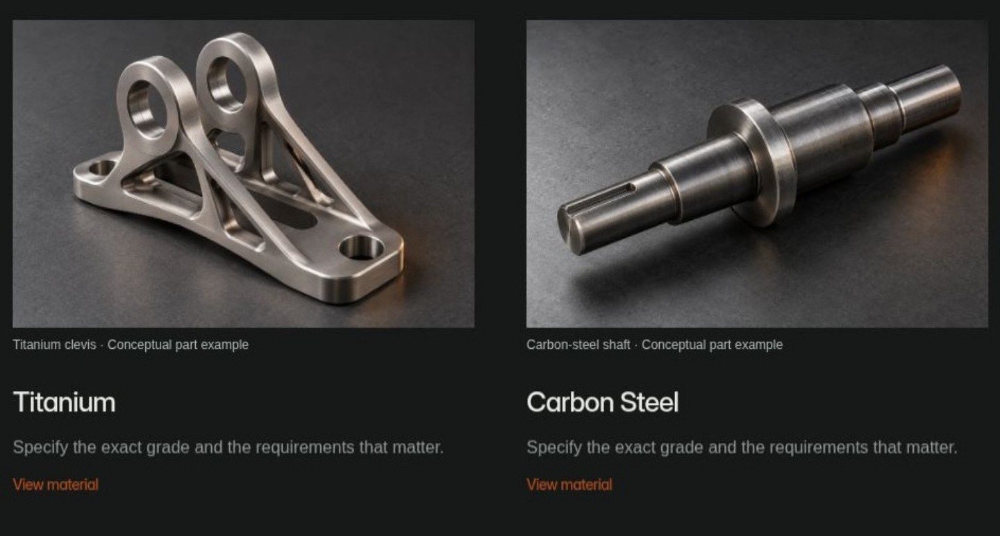 Actual ForgeRFQ materials screenshot showing titanium and carbon-steel example cards with conceptual parts.